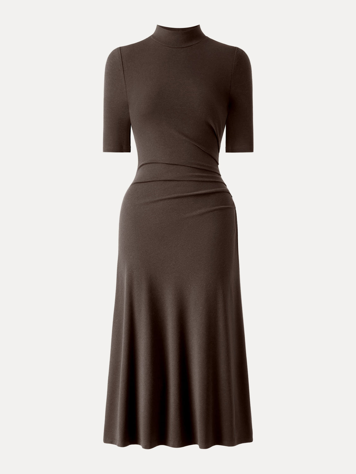 Cotton Blend Mock Neck Elbow Sleeve Tucked A-Line Midi Dress — original photo 6