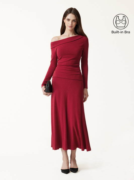 2Pcs Set LiteWarm Asymmetrical Built-In Bra Top & High-Rise A-Line Midi Skirt — original photo 1