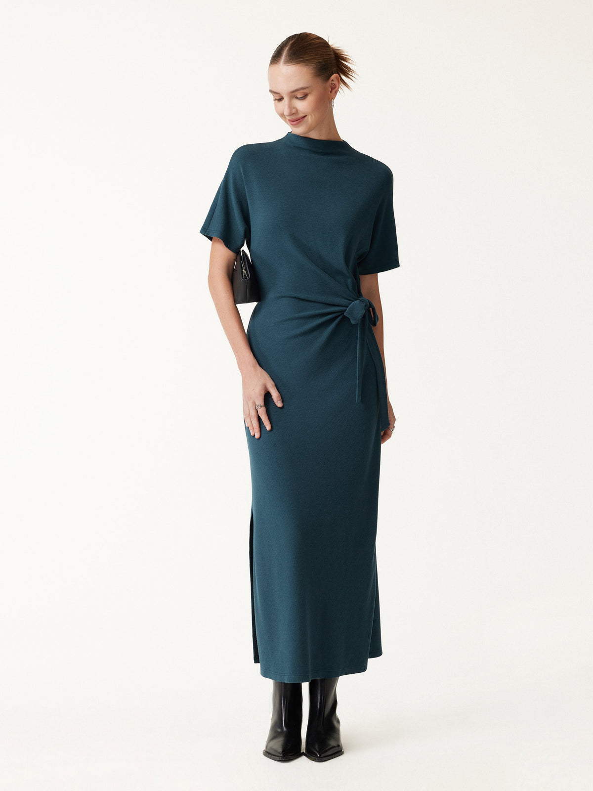 LiteWarm Mock Neck Elbow Sleeve Tie-Waist Midi Dress — original photo 2