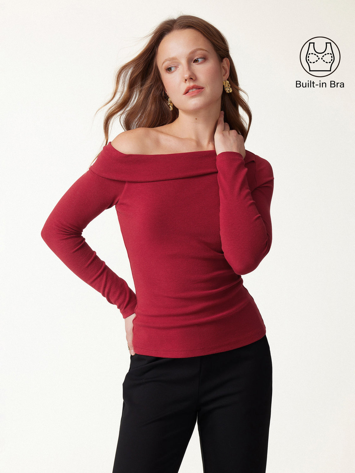 LiteWarm Asymmetrical Neck Long Sleeve Built-In Bra Top — original photo 1
