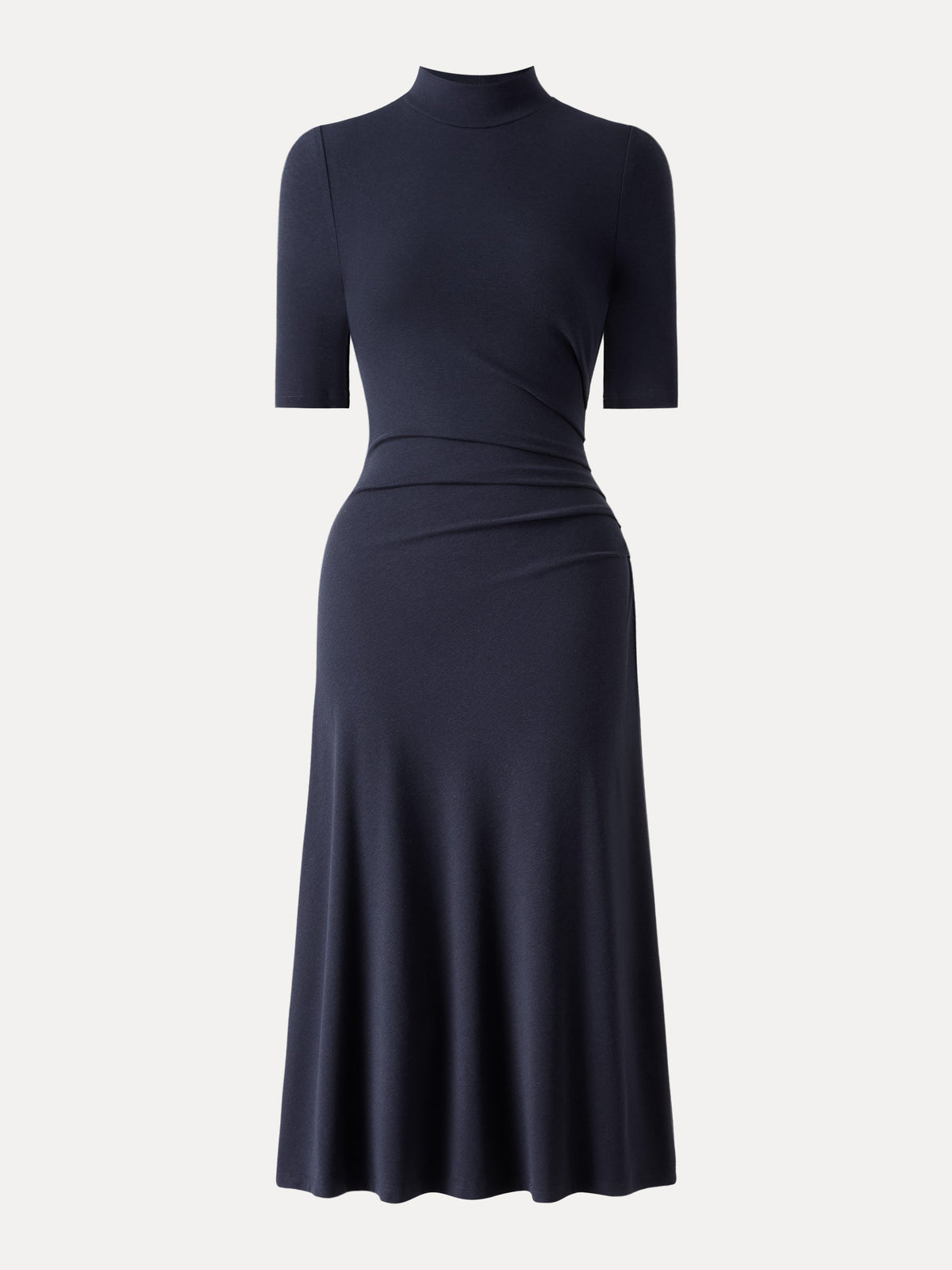 Cotton Blend Mock Neck Elbow Sleeve Tucked A-Line Midi Dress — original photo 10
