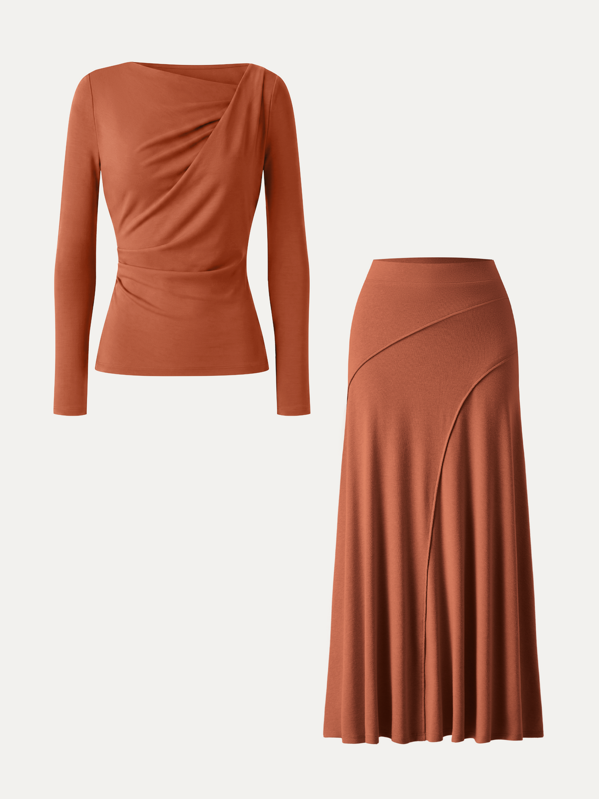 2Pcs Set LiteWarm Asymmetrical Neck Top & Drapey A-Line Midi Skirt — original photo 13