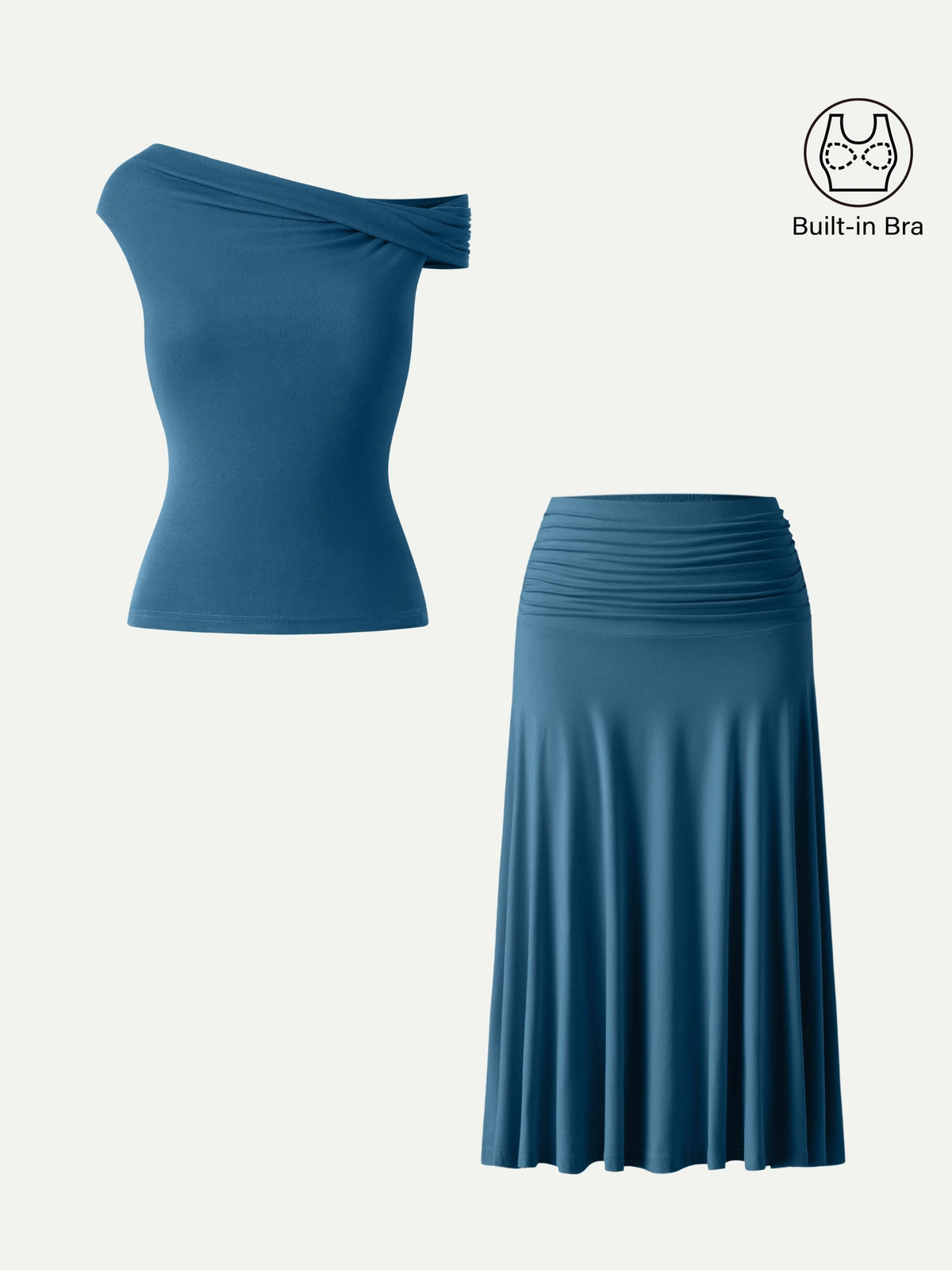 2Pcs Set Multi-wear Built-In Bra Top & Side Ruched A-line Midi Skirt — original photo 21