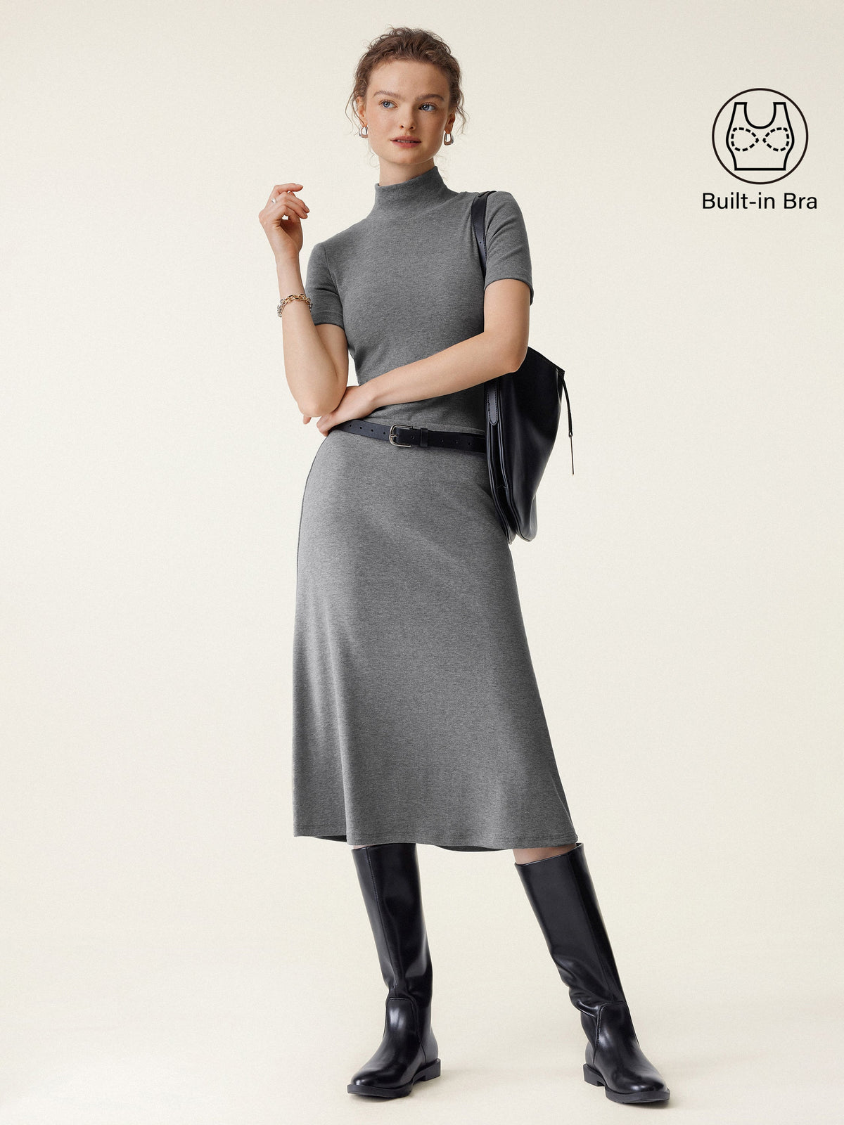 2Pcs Set Mockneck Built-In Bra Top & Pull-On Midi Skirt — original photo 1