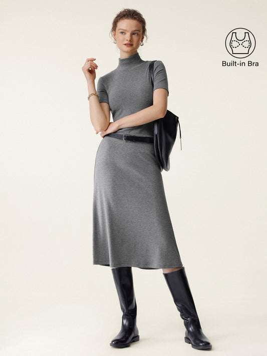 2Pcs Set Mockneck Built-In Bra Top & Pull-On Midi Skirt — original photo 1