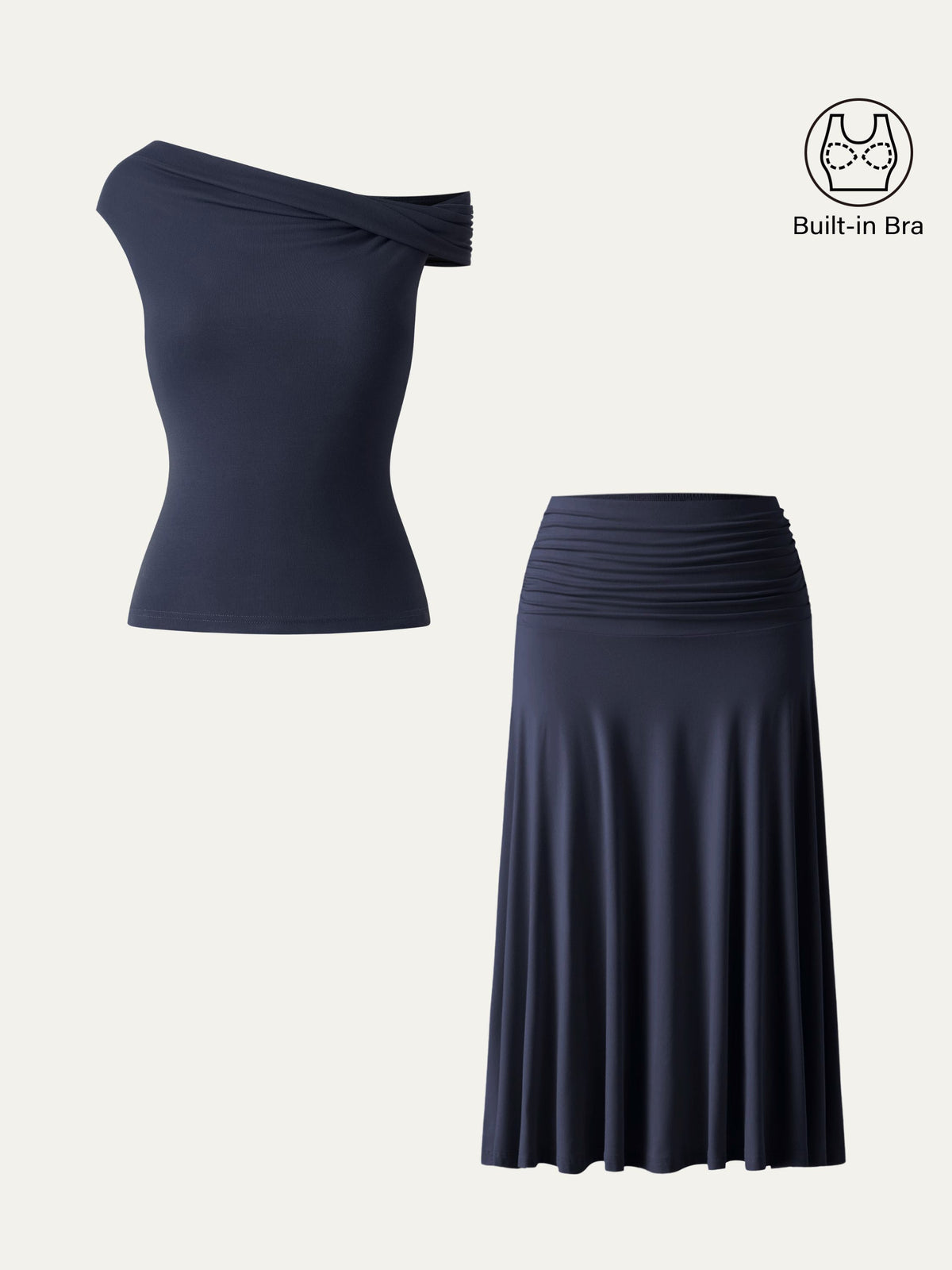2Pcs Set Multi-wear Built-In Bra Top & Side Ruched A-line Midi Skirt — original photo 17