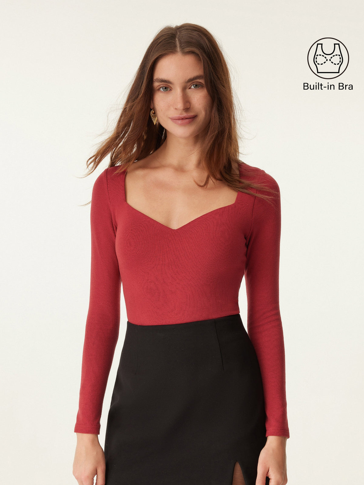 LiteWarm Diamond Neck Long Sleeve Built-In Bra Top — original photo 3
