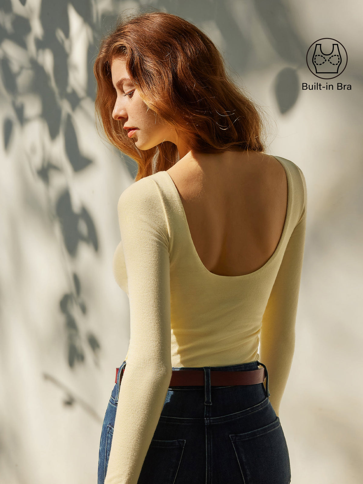 LiteWarm Boatneck Long Sleeve Open-Back Ruched Built-In Bra Top — original photo 1