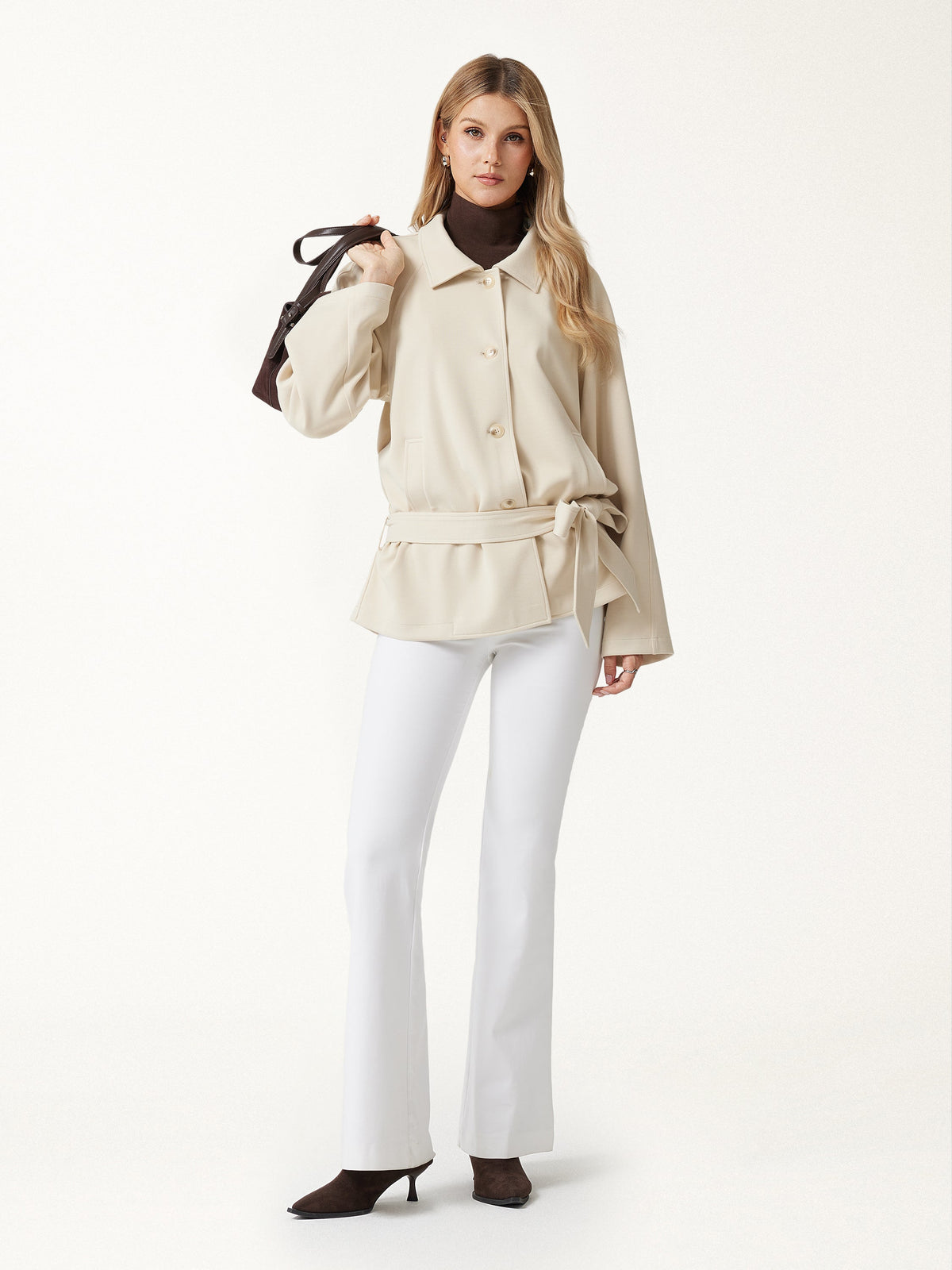 Bamboo Ponte Notched Collar Long Sleeve Belted Jacket — original photo 2