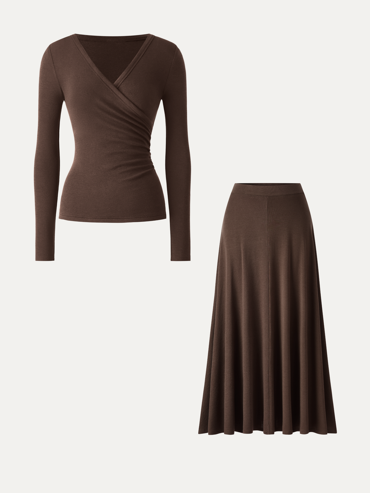 2Pcs Set LiteWarm Surplice Ruched Top & Blend Mid-Rise Umbrella Maxi Skirt — original photo 14