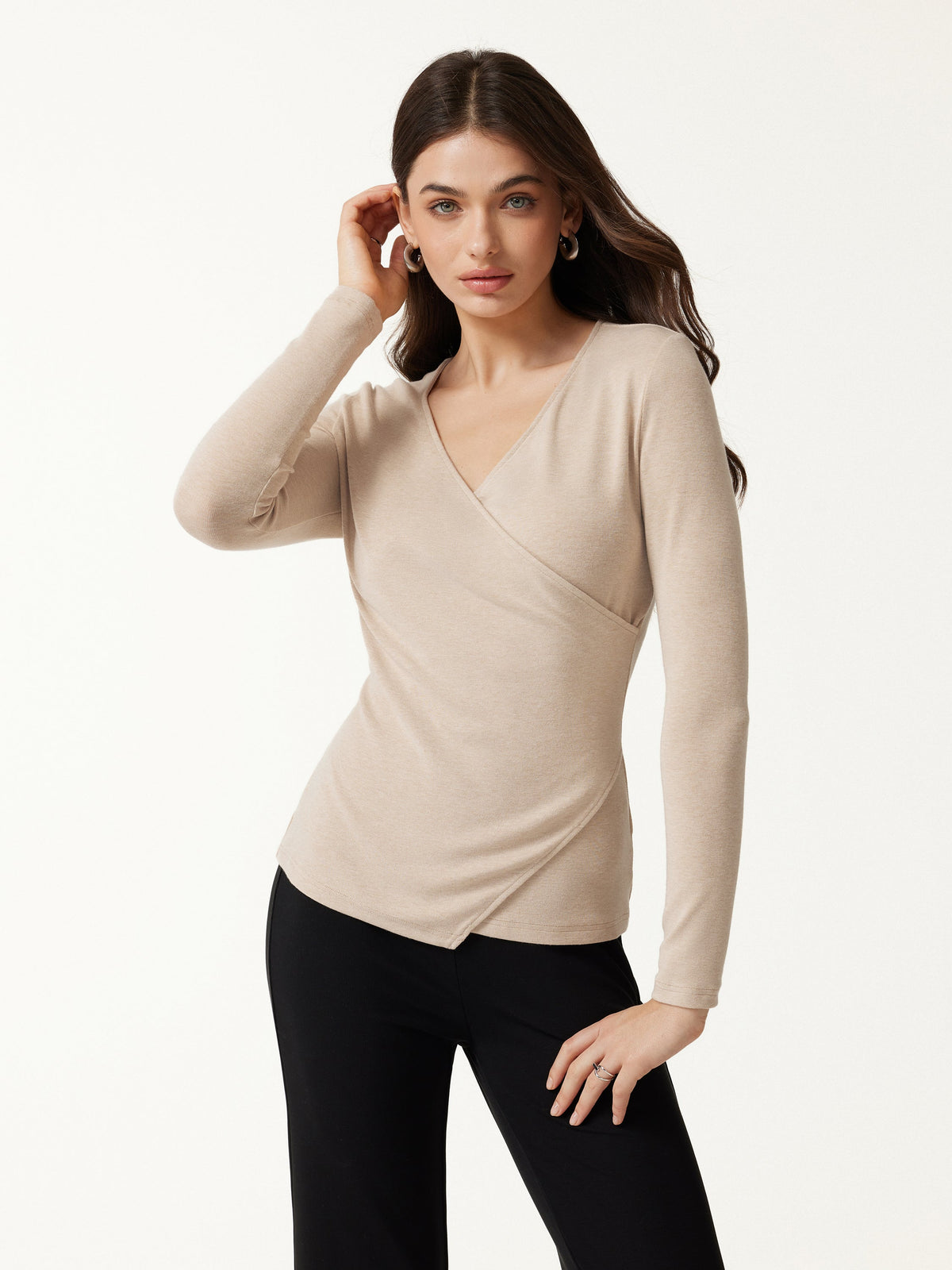LiteWarm Surplice Long Sleeve Asymmetrical Hem Top — original photo 3