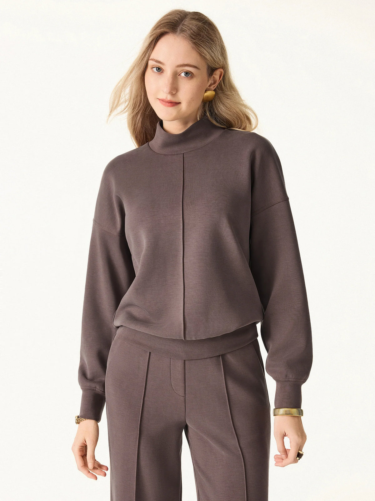 2Pcs Set Mockneck Long Sleeve Shirt & High-Rise Wide Leg Pants with Pockets — original photo 4