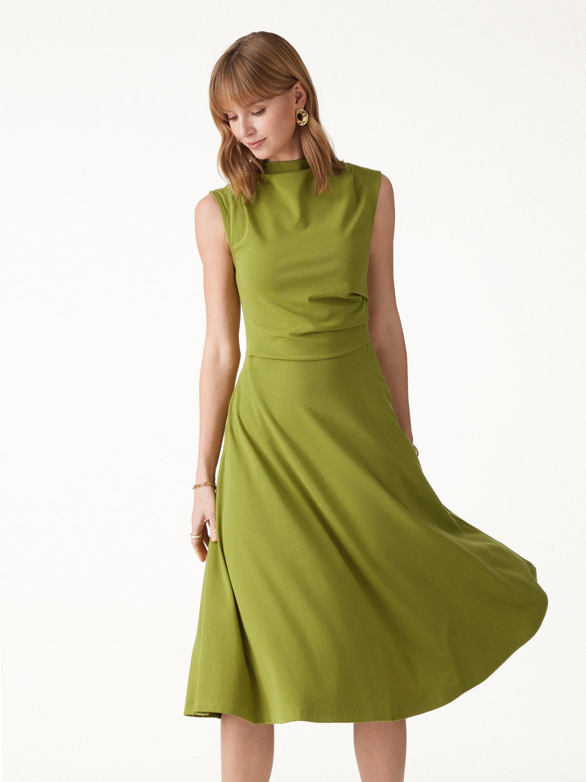 Viscose-Cotton Mock Neck Sleeveless Tucked Midi Dress — original photo 8