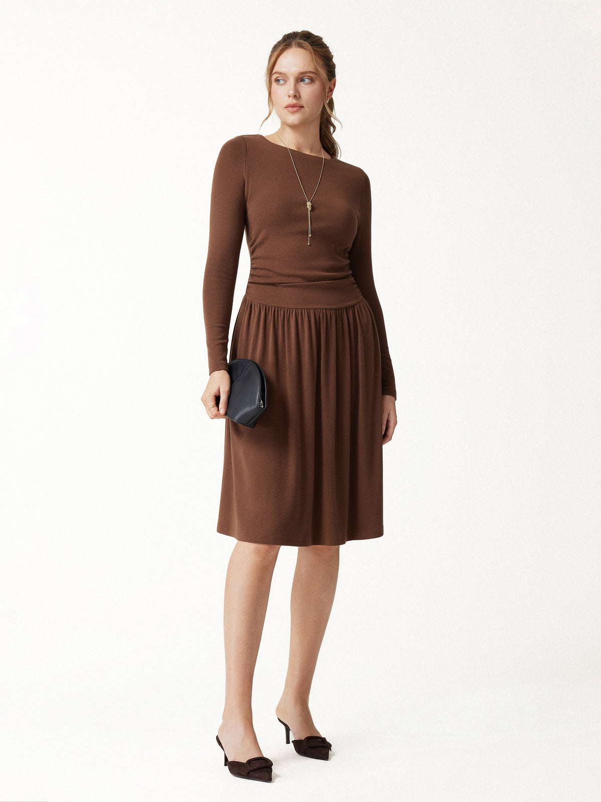 LiteWarm Boatneck Ruched Mini Built-In Bra Dress with Pockets — original photo 2