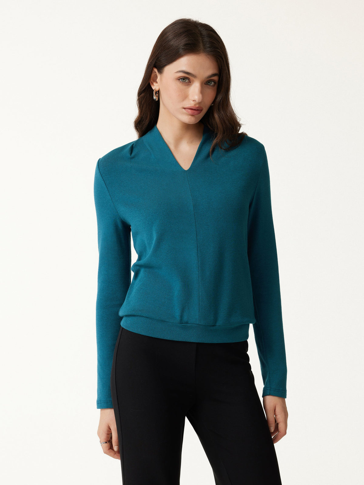 LiteWarm V-Neck Long Sleeve Tucked Shoulder Top — original photo 3