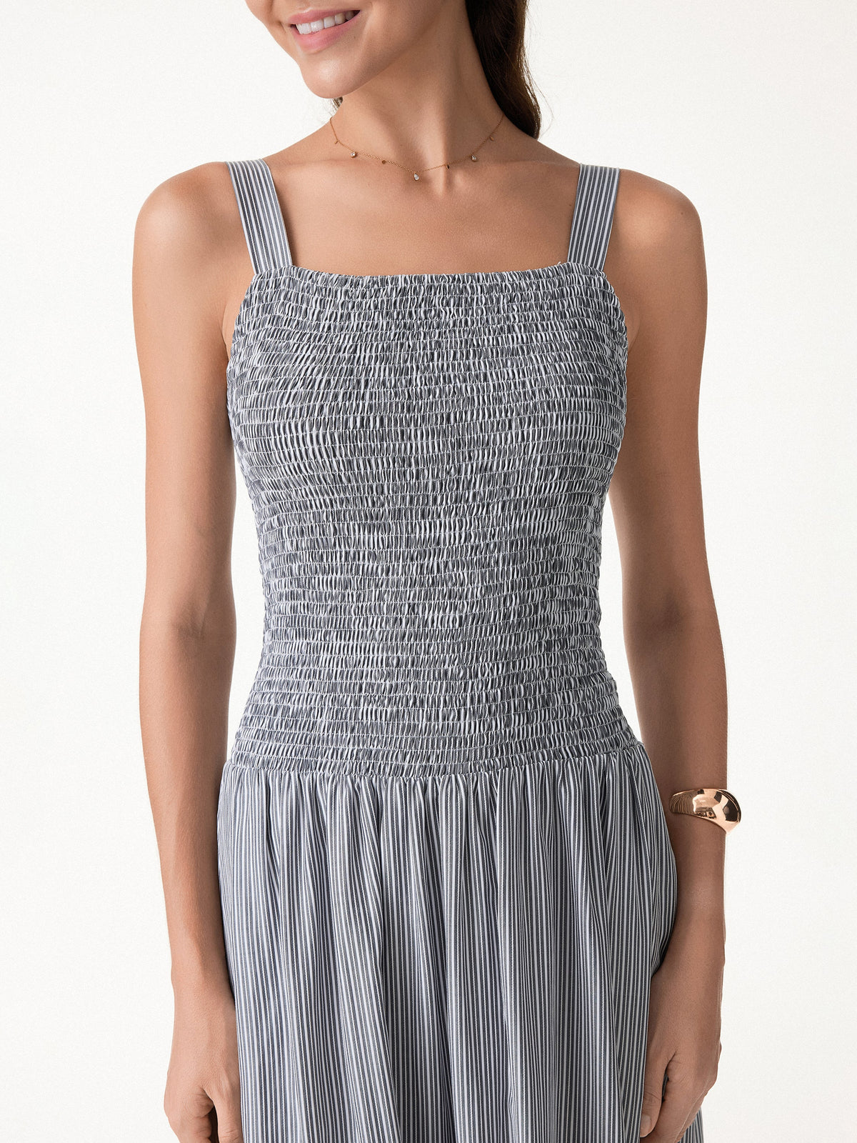 Striped Poplin Square Neck Smocked Midi Built-In Bra Dress — original photo 2