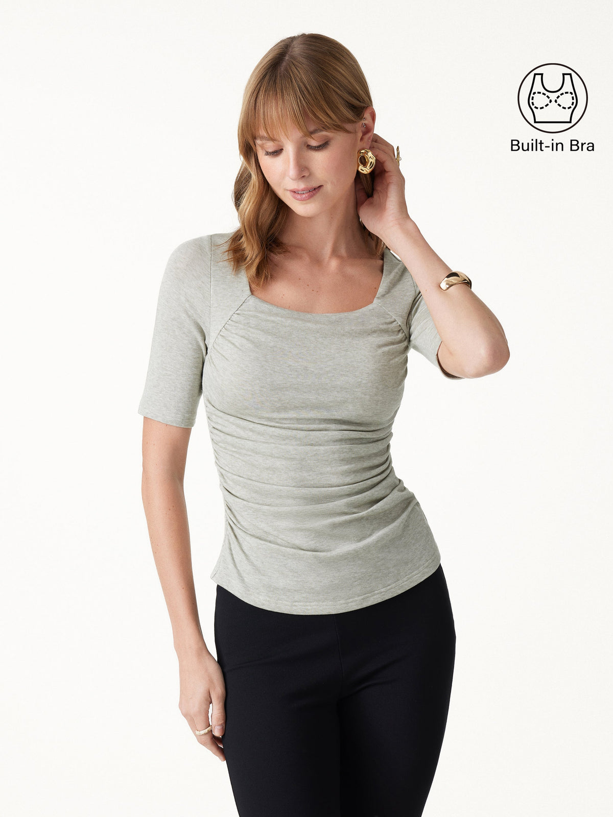 LiteWarm Lyocell-Wool Square Neck Elbow Sleeve Ruched Built-In Bra Top — original photo 1