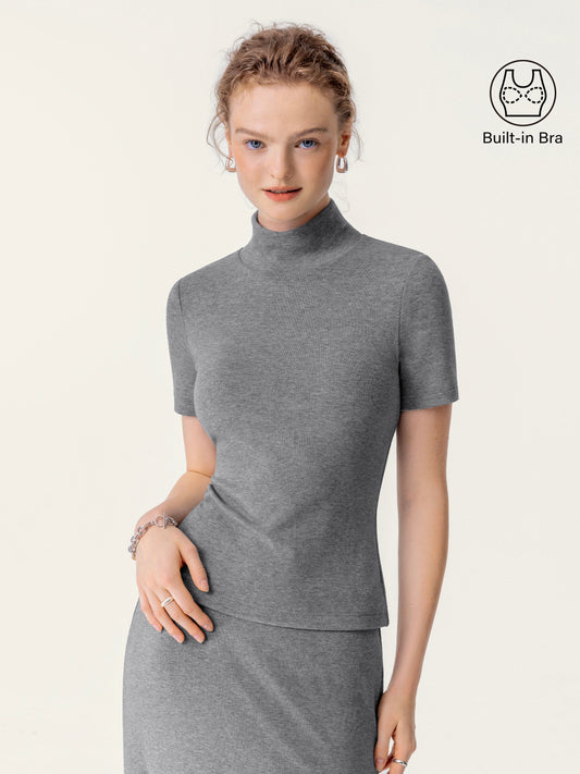 Soft Thermal Mockneck Short Sleeve Built-In Bra Top — original photo 1