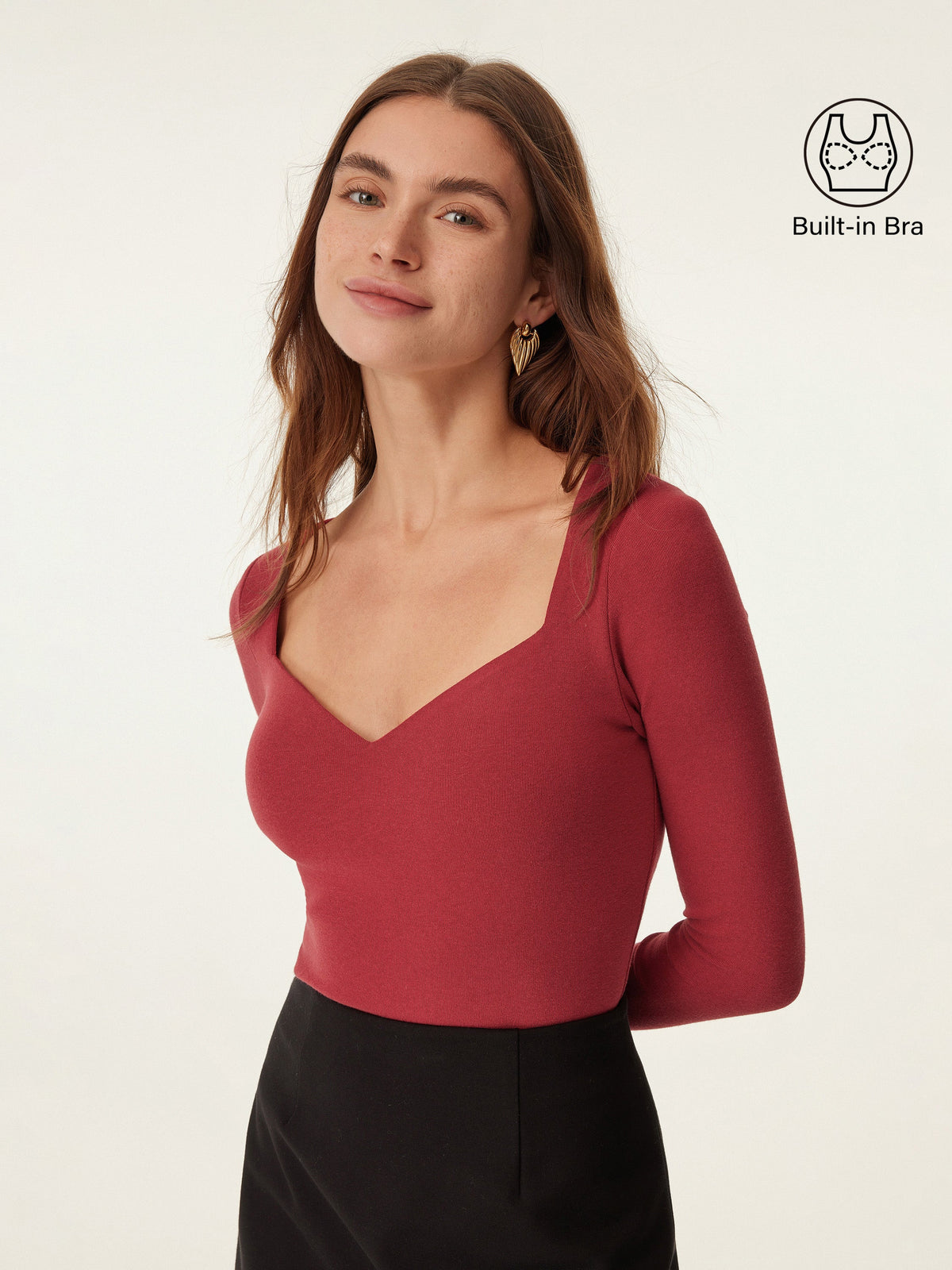 LiteWarm Diamond Neck Long Sleeve Built-In Bra Top — original photo 1