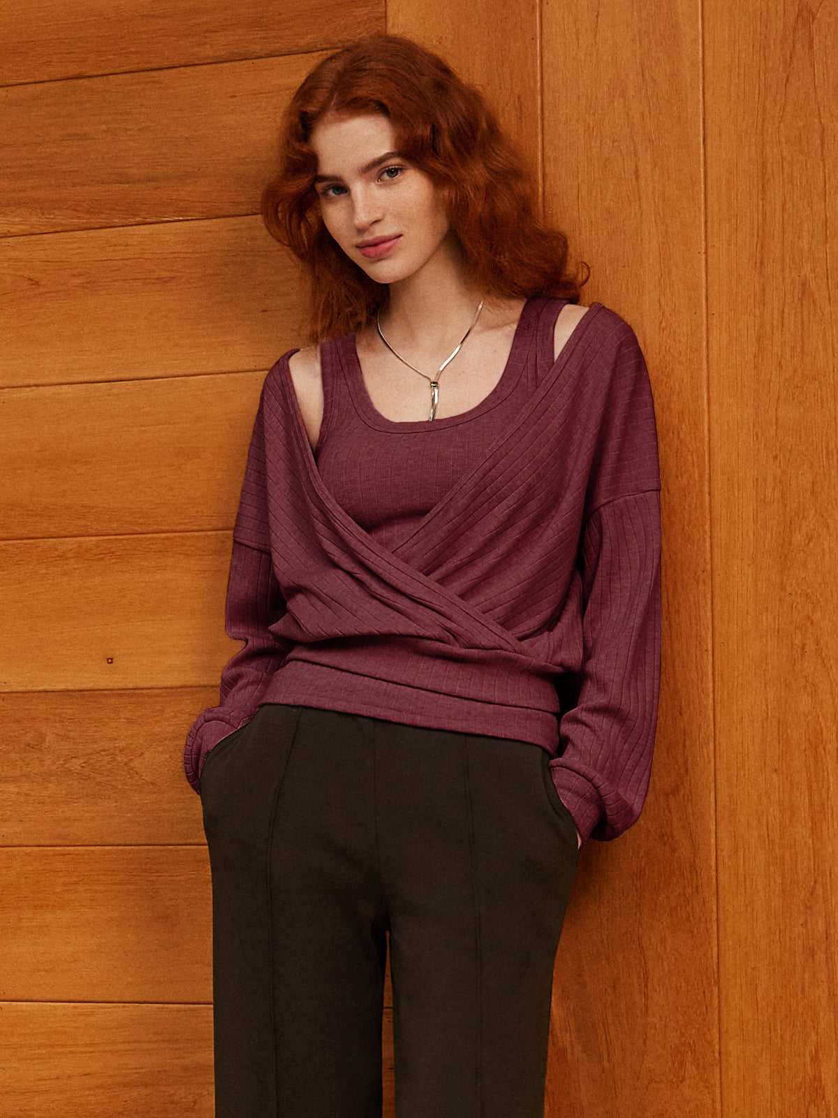 MaxWarm Wide Ribbed Crossover Long Sleeve Banded Hem Top — original photo 1