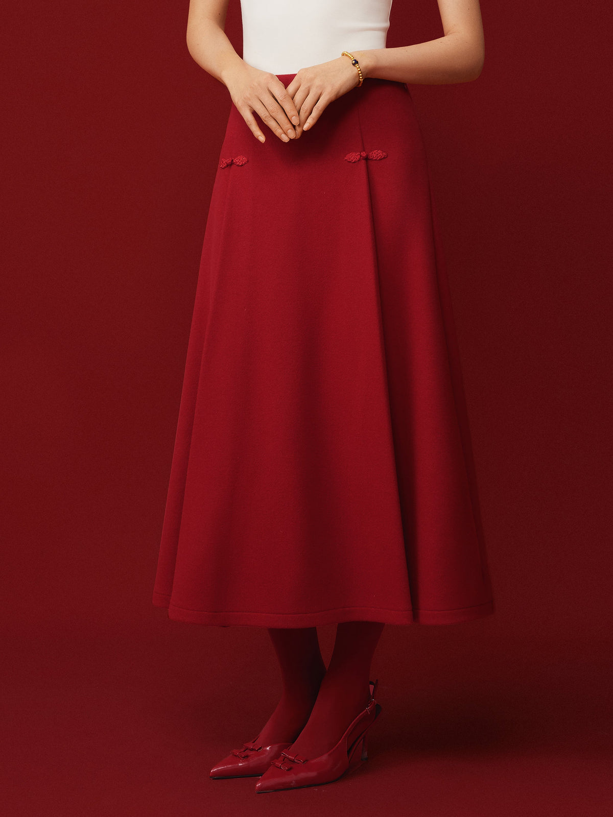 Wool-like Frog Button A-Line Midi Skirt Limited Edition — original photo 1