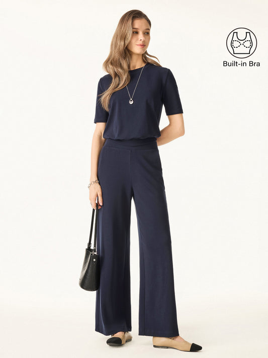 2Pcs Set Petite Wide Leg Pant with Pockets & Crewneck Built-In Bra Top — original photo 1