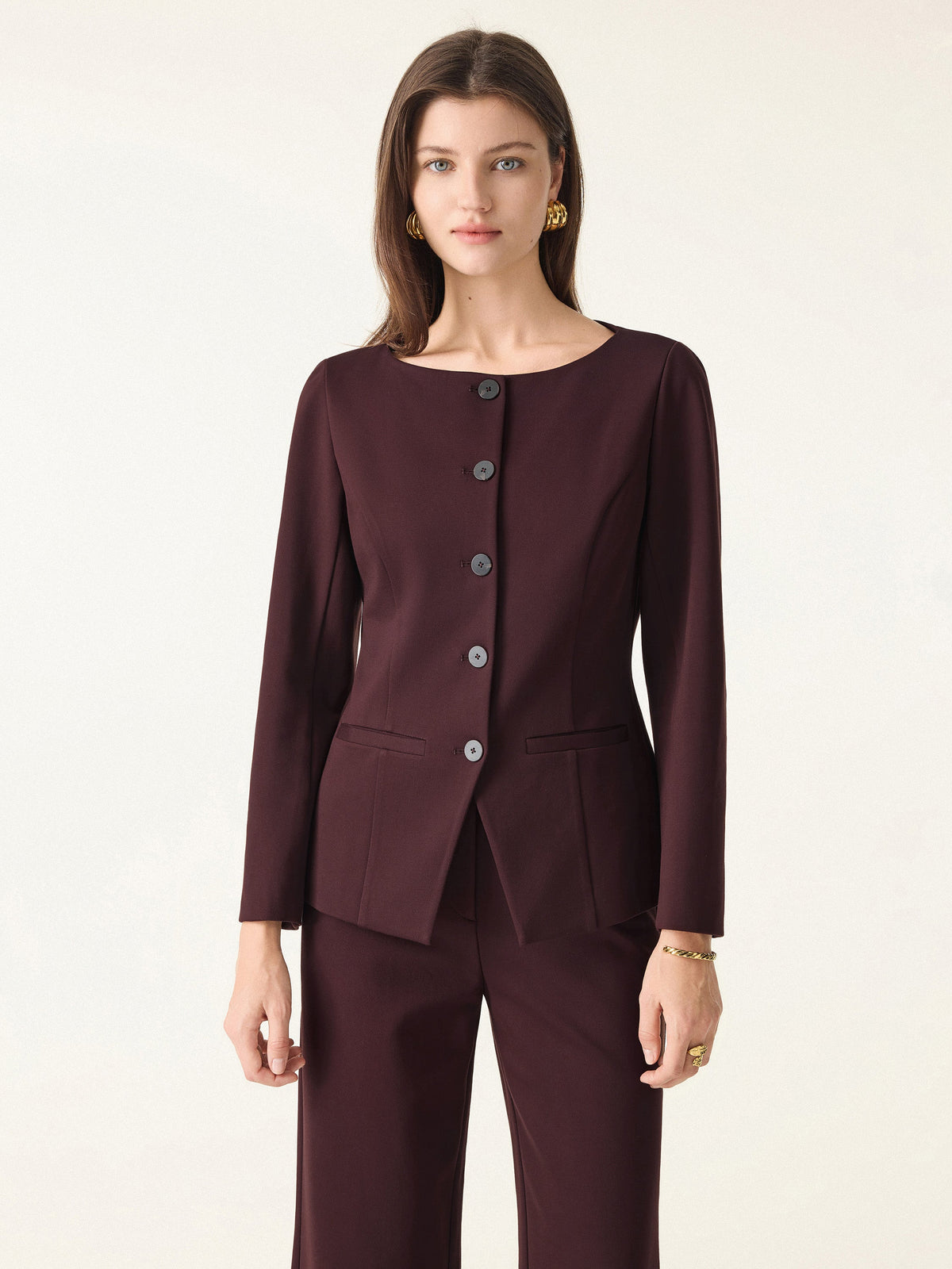 Ponte Office Round Neck Long Sleeve Jacket with Pockets — original photo 7