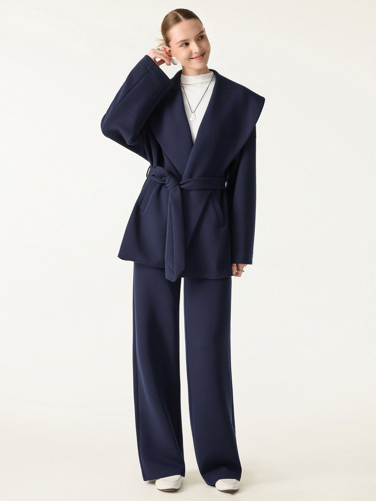 2Pcs Set Petite Belted Shawl Collar Robe Jacket & Straight Pants with Pockets — original photo 5