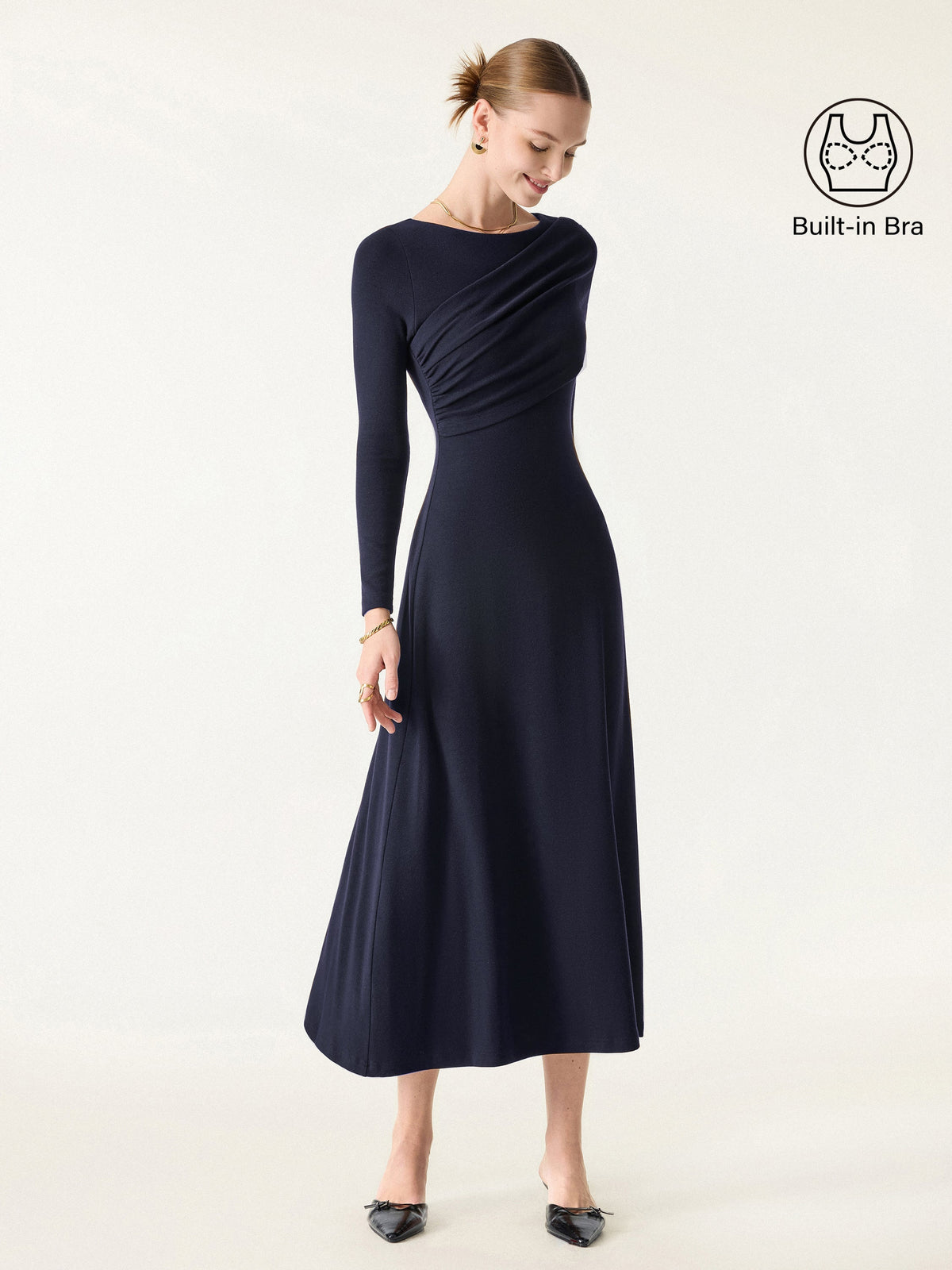 LiteWarm Boatneck Ruched A-Line Midi Built-In Bra Dress — original photo 1