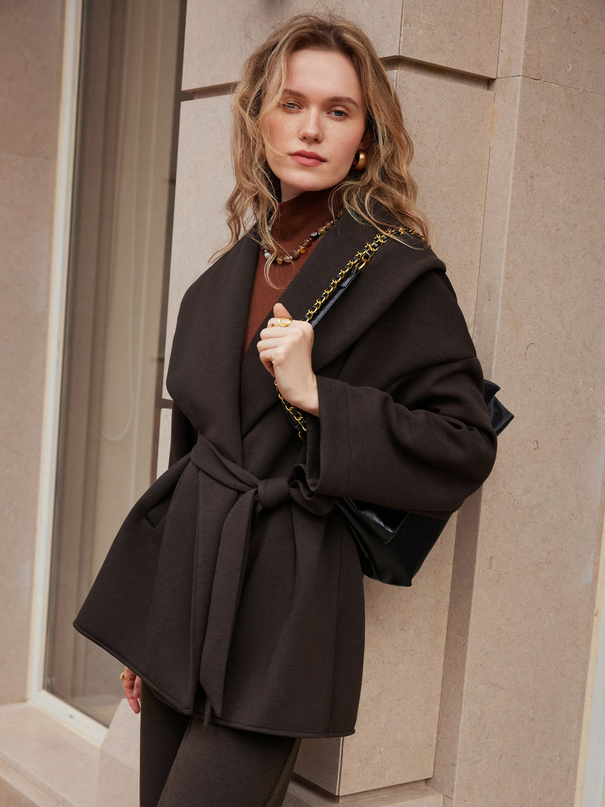 FuzzLuxe Draped Shawl Collar Long Sleeve Belted Jacket — original photo 13