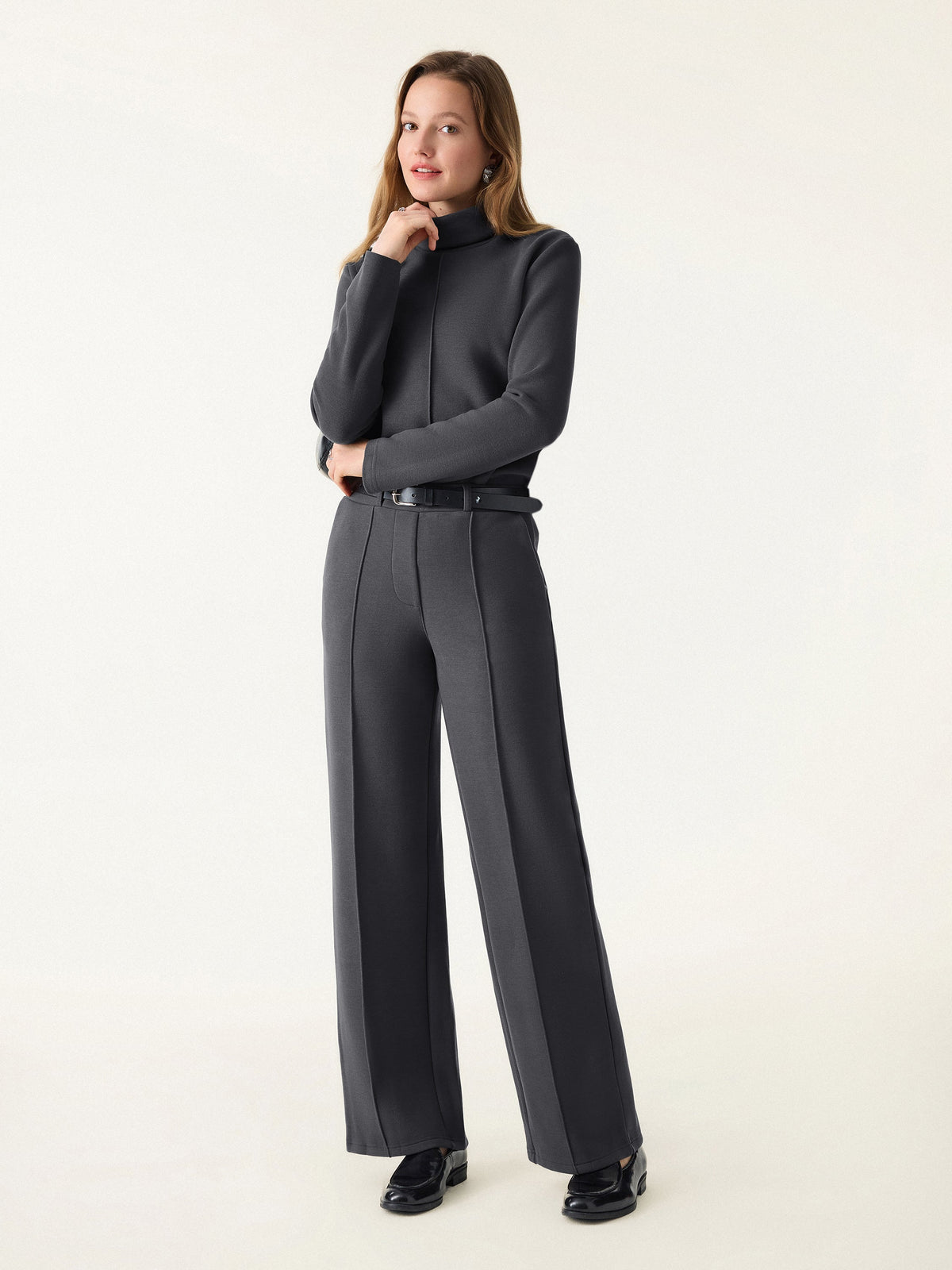 2Pcs Set FuzzLuxe Turtleneck Top & Regular High Waisted Straight Leg Pull On Pant — original photo 1