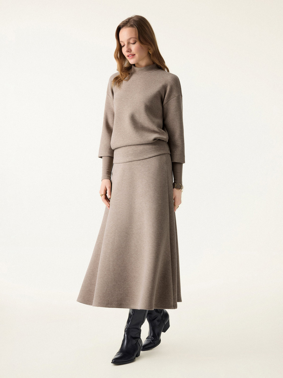 2Pcs Set FuzzLuxe Mockneck Sleeve-Warmer Top &  Midi A-line Circle Skirt — original photo 3
