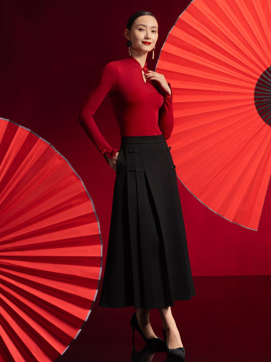 Pleated Frog Button Decor Midi A-line Skirt Limited Edition — original photo 1