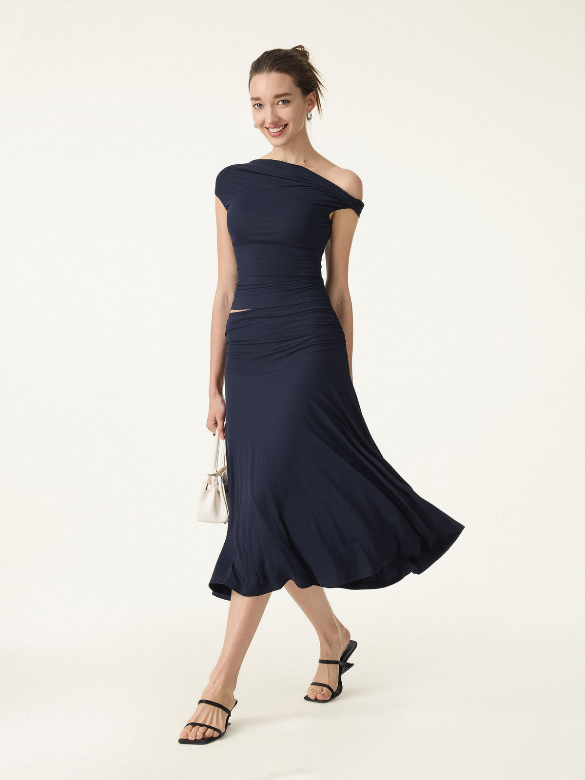 2Pcs Set Multi-wear Built-In Bra Top & Side Ruched A-line Midi Skirt — original photo 16