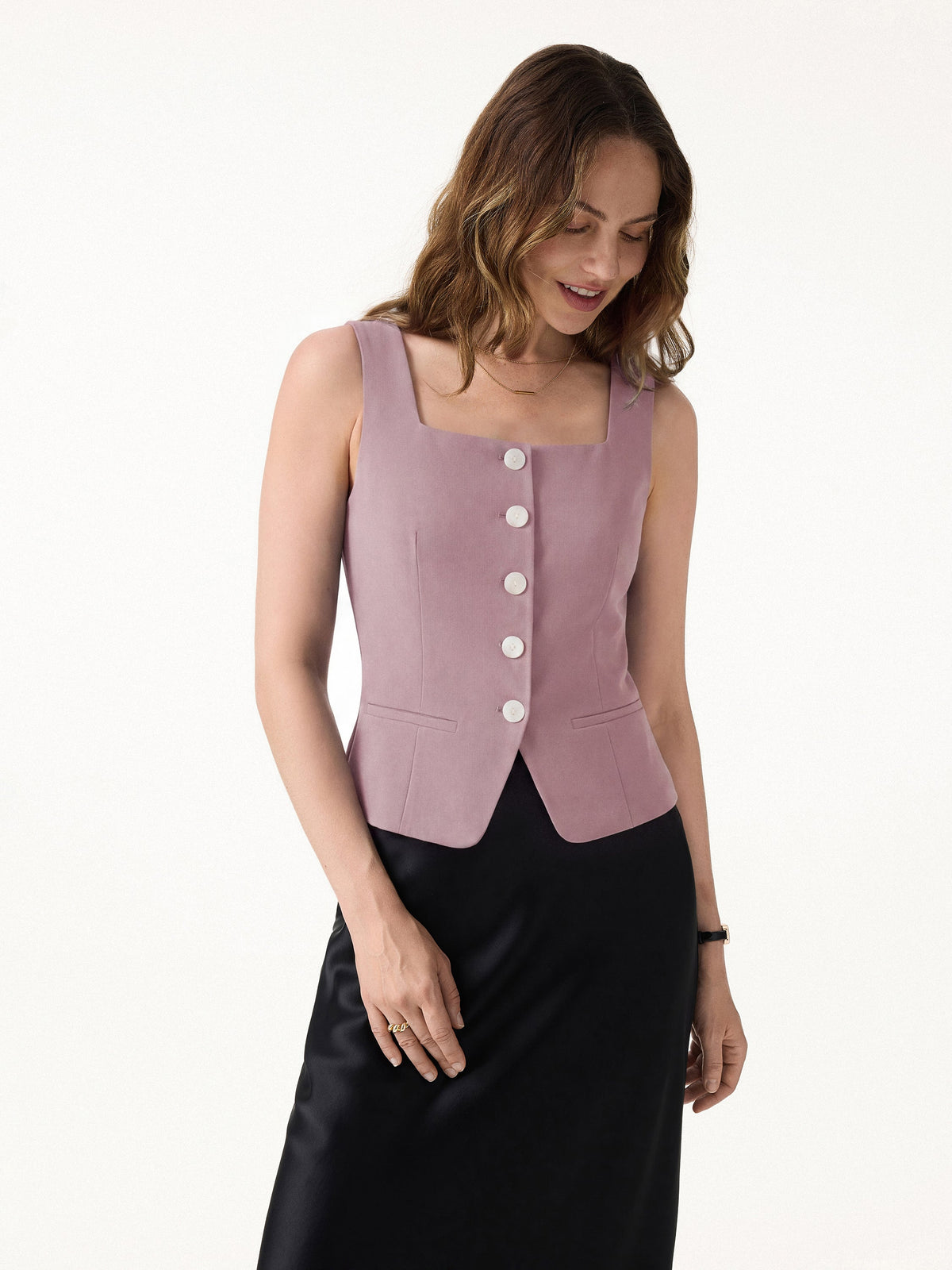 Stretch Ponte Square Neck Cropped Waistcoat with Pockets — original photo 9