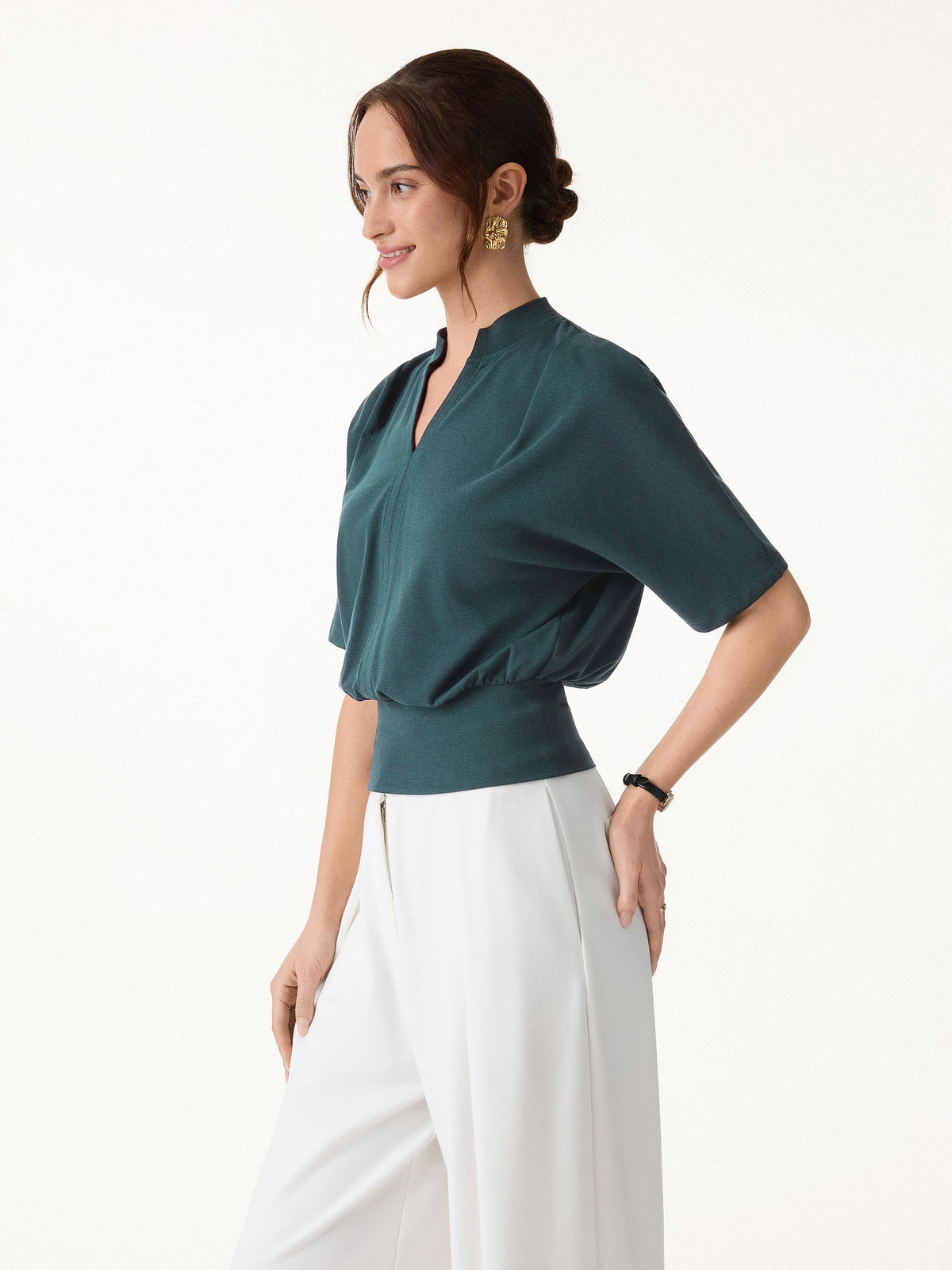 Stand Collar V-Neck Short Sleeve Top — original photo 11