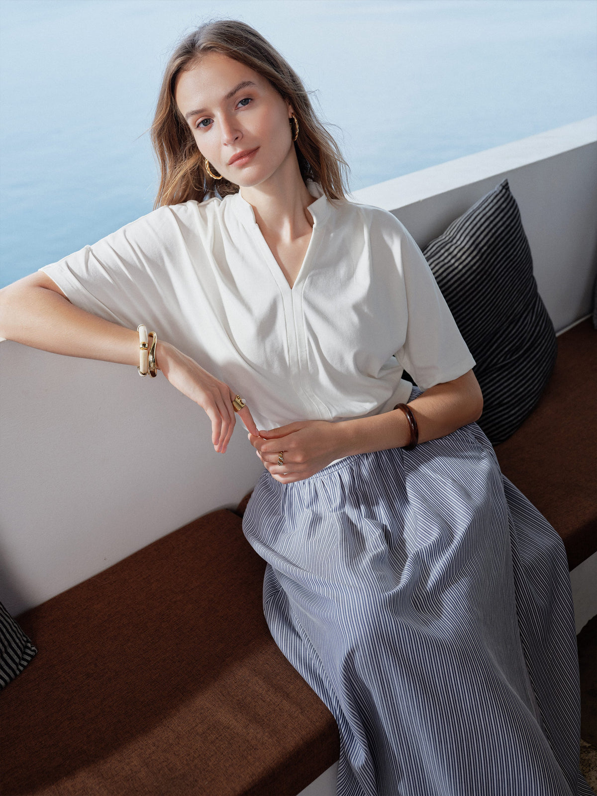 Stand Collar V-Neck Short Sleeve Top — original photo 9