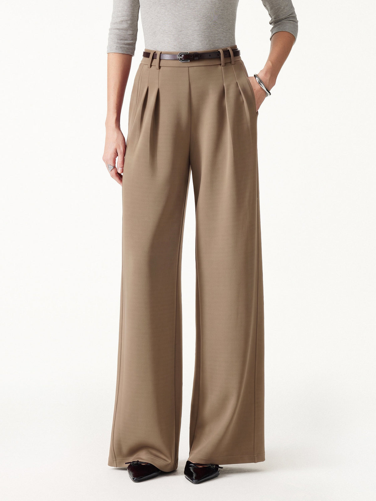 Lyocell Spacer Knit High-Rise Wide-Leg Tuck Pants with Pockets — original photo 11