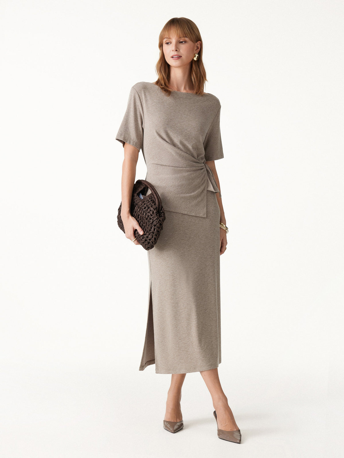 2Pcs Set LiteWarm Short Sleeve Tie-Side Top & Side-Slit A-Line Midi Skirt — original photo 1