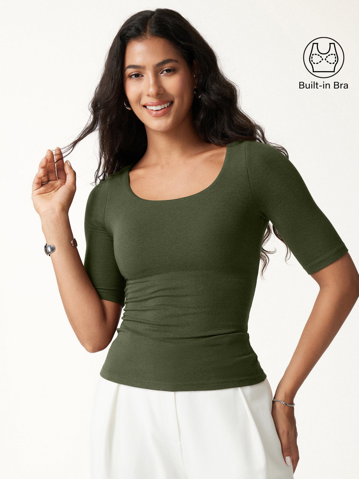 LiteWarm Essential Elbow Length Sleeve Square Neck Built-In Bra Tops — original photo 12