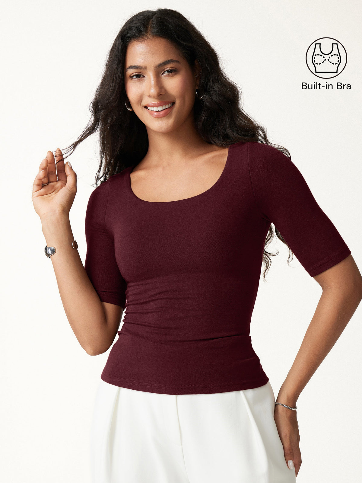 LiteWarm Essential Elbow Length Sleeve Square Neck Built-In Bra Tops — original photo 17