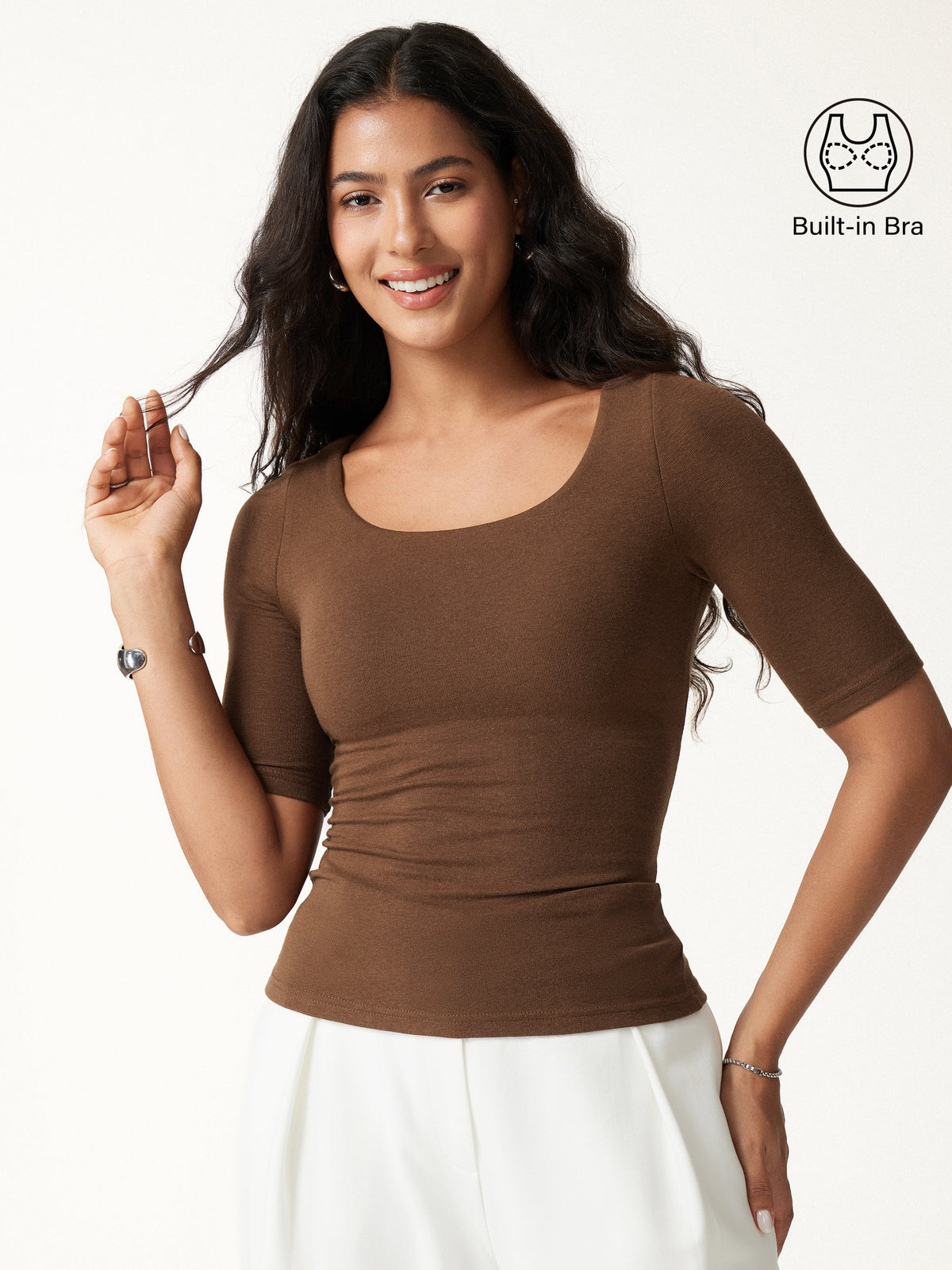 LiteWarm Essential Elbow Length Sleeve Square Neck Built-In Bra Tops — original photo 3