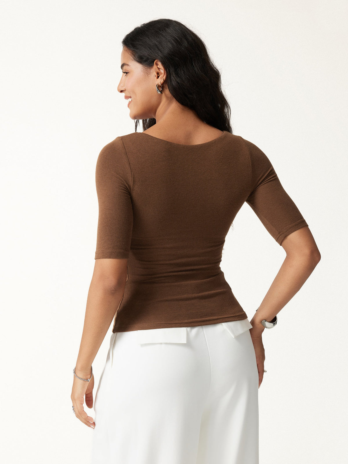 LiteWarm Essential Elbow Length Sleeve Square Neck Built-In Bra Tops — original photo 5