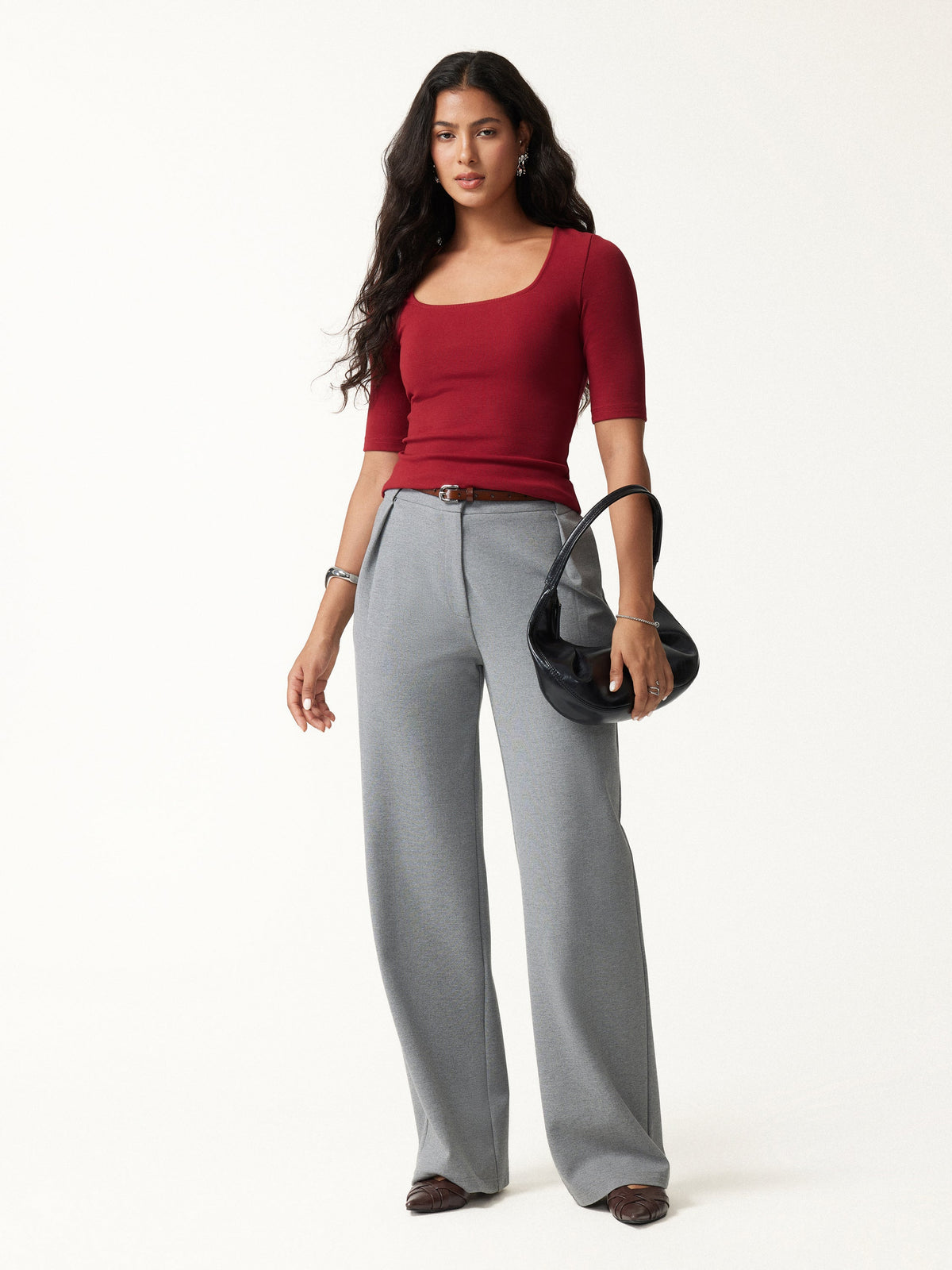 Square Neck Elbow Sleeve Built-In Bra Top — original photo 2