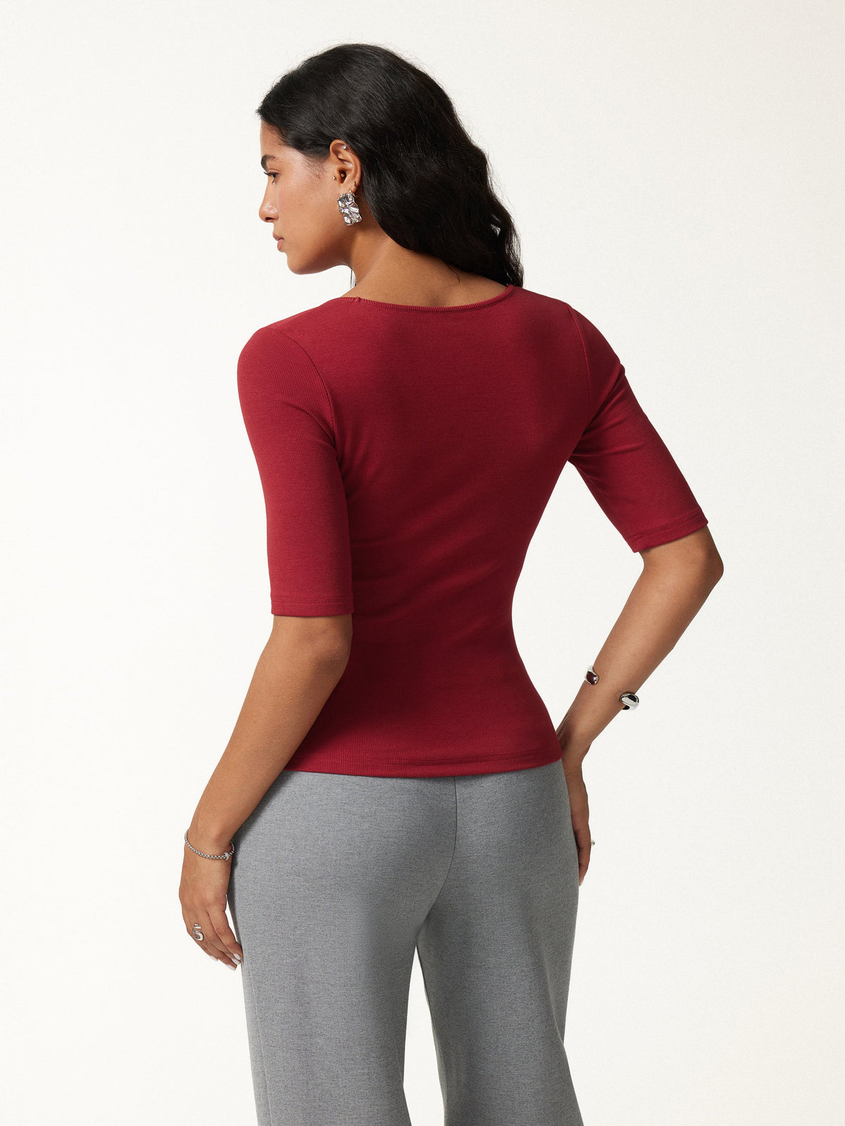 Square Neck Elbow Sleeve Built-In Bra Top — original photo 4