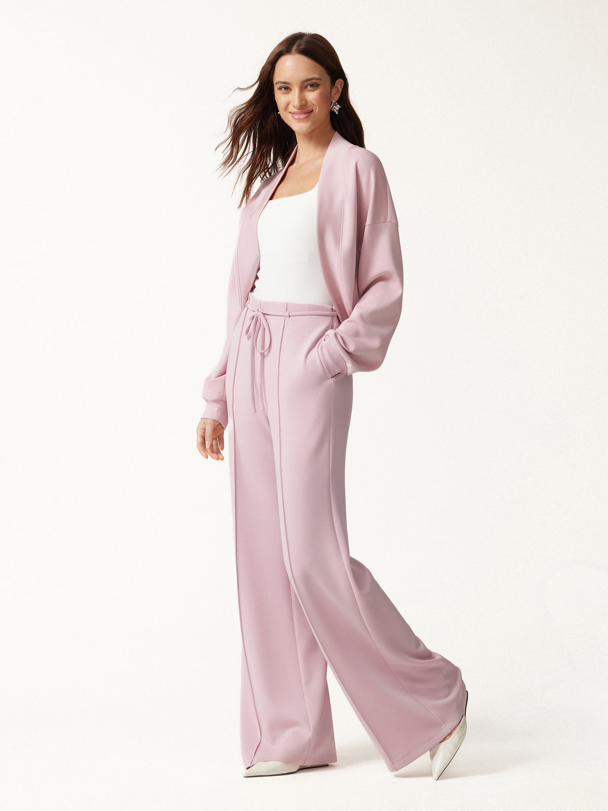2Pcs Set Long Sleeve Drop-Shoulder Cardigan & High-Rise Flare Pants with Pockets — original photo 3