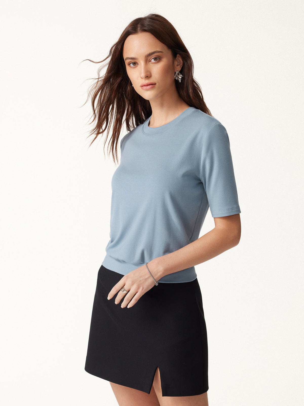Lyocell Wool Crewneck Built-In Bra Top with Banded Hem — original photo 3