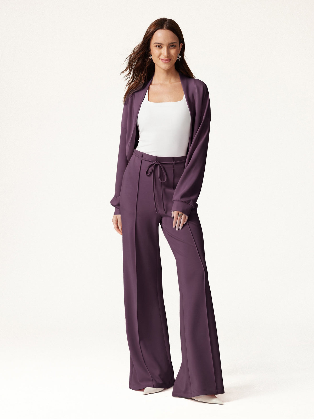 2Pcs Set Long Sleeve Drop-Shoulder Cardigan & High-Rise Flare Pants with Pockets — original photo 14