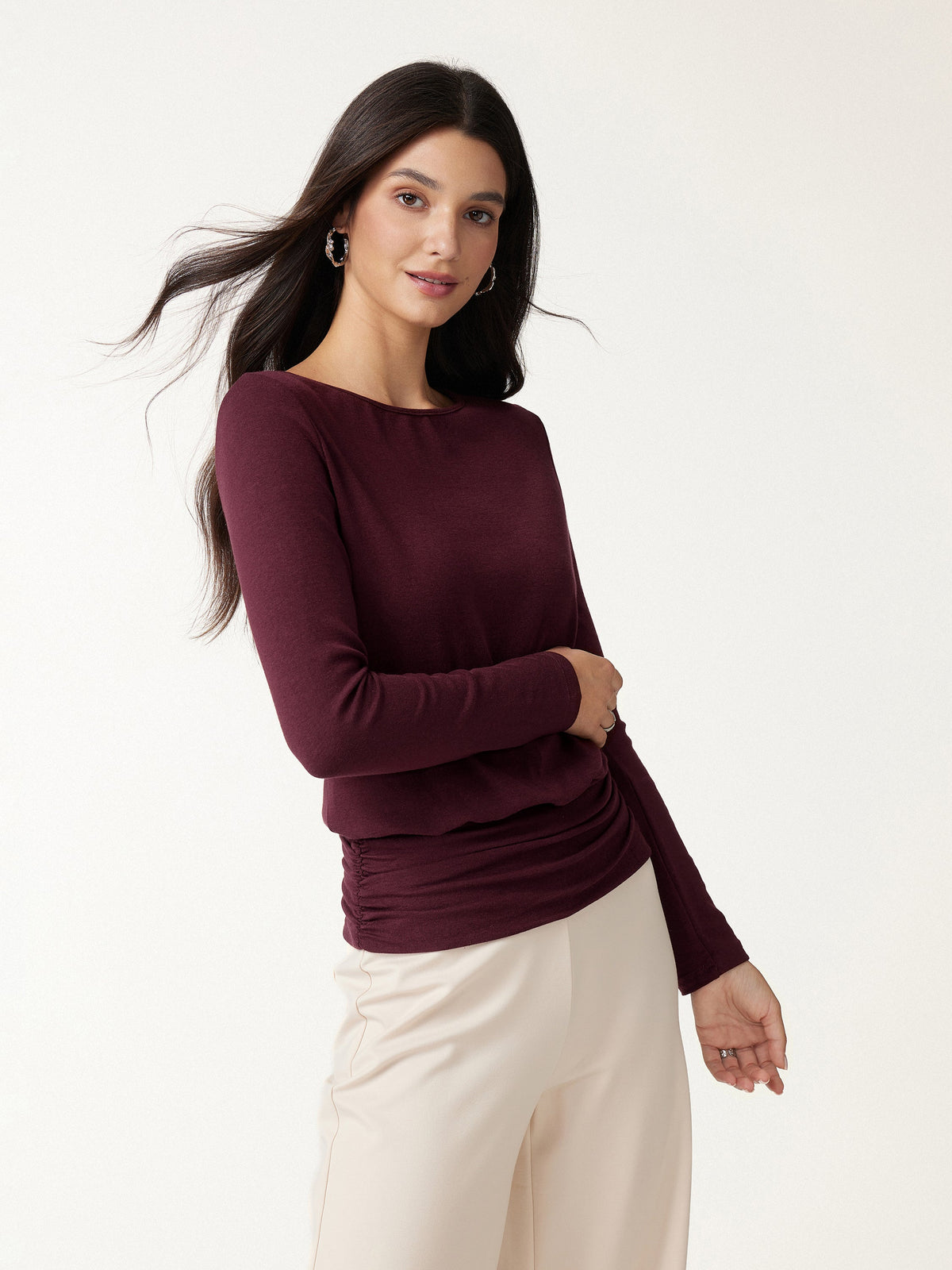 LiteWarm Boatneck Long Sleeve Ruched Banded Hem Top — original photo 3