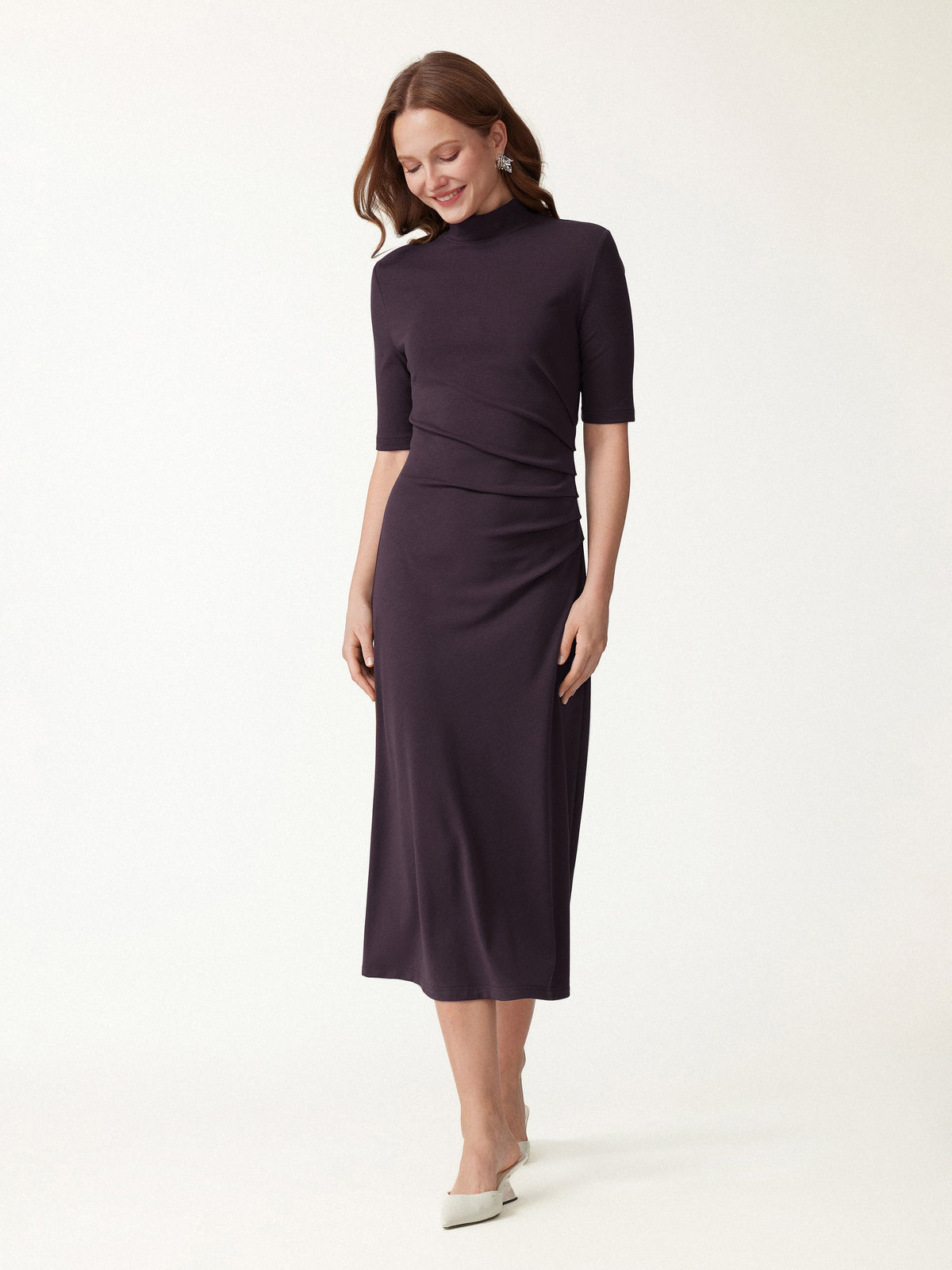 Cotton Blend Mock Neck Elbow Sleeve Tucked A-Line Midi Dress — original photo 7